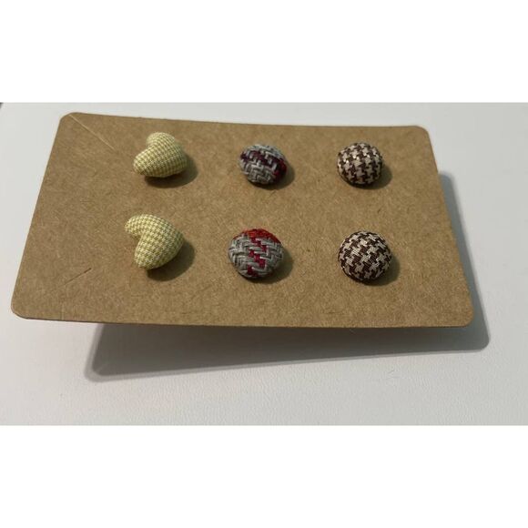 Fabric Covered Button Earring Stud Set Plaid Brown‎ - Picture 2 of 5